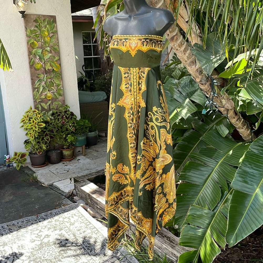 - Strapless, satin bandana print  handkerchief hem  dress